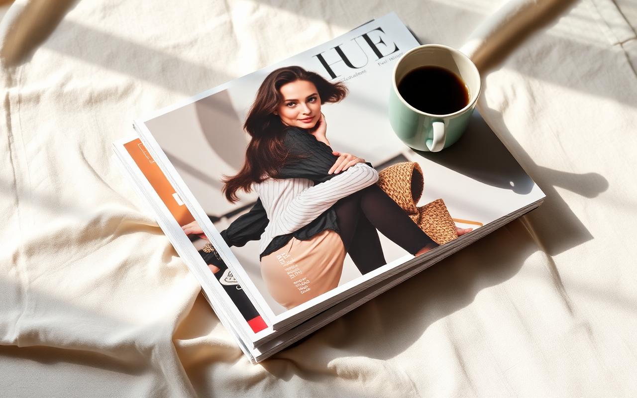 Pilha de revistas de moda sobre tecido natural com xícara de café