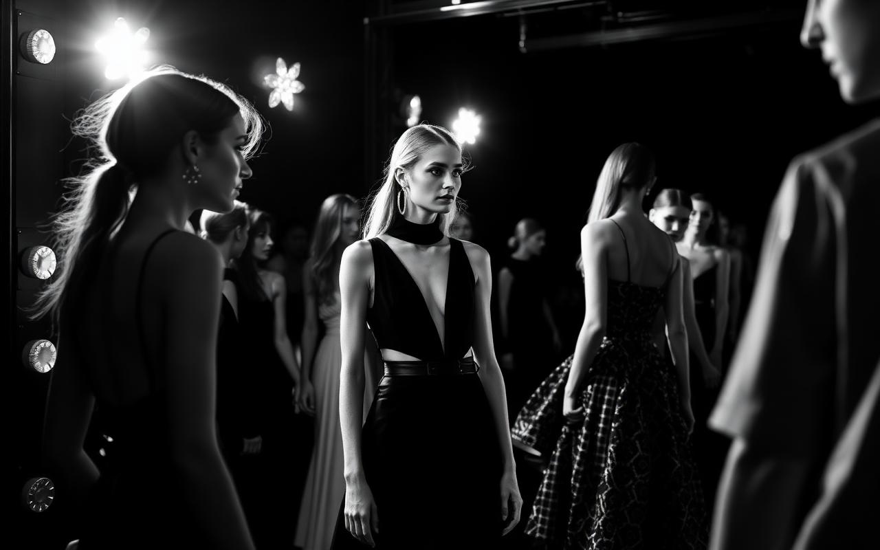 Backstage de desfile de moda com modelos se preparando sob luz dramática