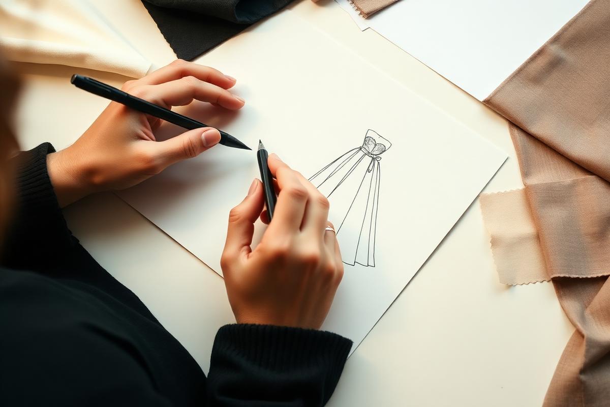 Designer esboçando um vestido em papel com swatches de tecido ao lado